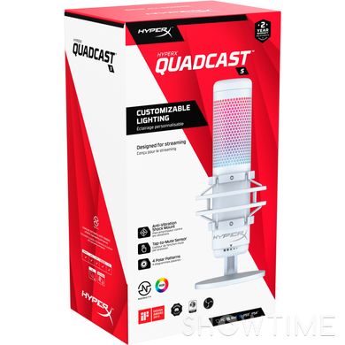 HyperX QuadCast S White (519P0AA) — Мікрофон для стрімінгу/подкастів, Omni/Uni/Bi, USB-A, 3м, NGenuity, RGB, білий 1-009084 фото