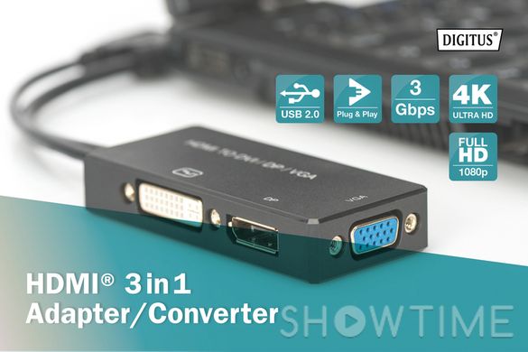 Digitus AK-330403-002-S — переходник HDMI — DP+DVI+VGA UHD 4K, M-F/F/F, 3 in 1 1-005091 фото