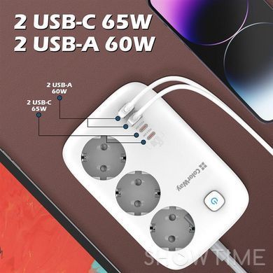 Фильтр питания ColorWay CW-CHE34PDW GaN3 Pro PD 65W (2USB-A+2 TYPE-C) 3 розетки, 4 USB, 2 м, белый 1-011142 фото