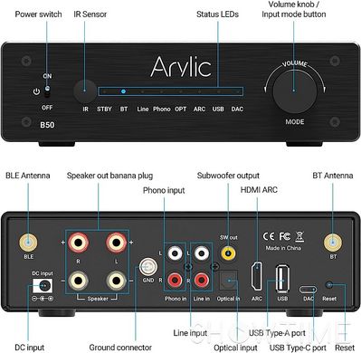 Arylic B50BSAMP — Bluetooth-стерео усилитель с аудио трансмиттером, 2х50 Вт 1-010114 фото